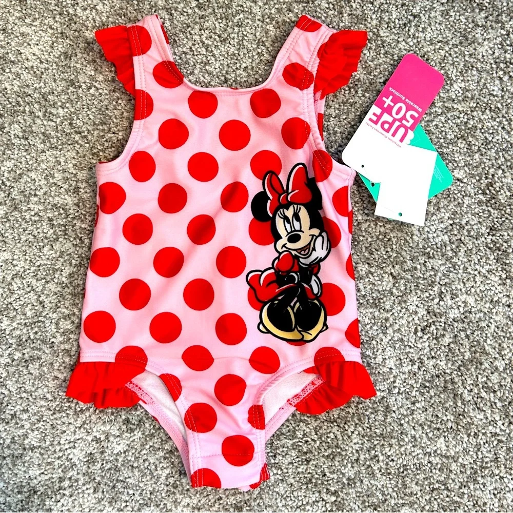 Disney Baby Minnie Mouse Swimsuit Kids 9M Pink Red Polka Dot Ruffle‎ Snap Bottom